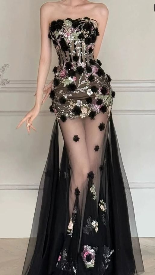 Sexy Strapless Black Tulle Sequin Appliques Mermaid Prom Dress Long Birthday Party Dress