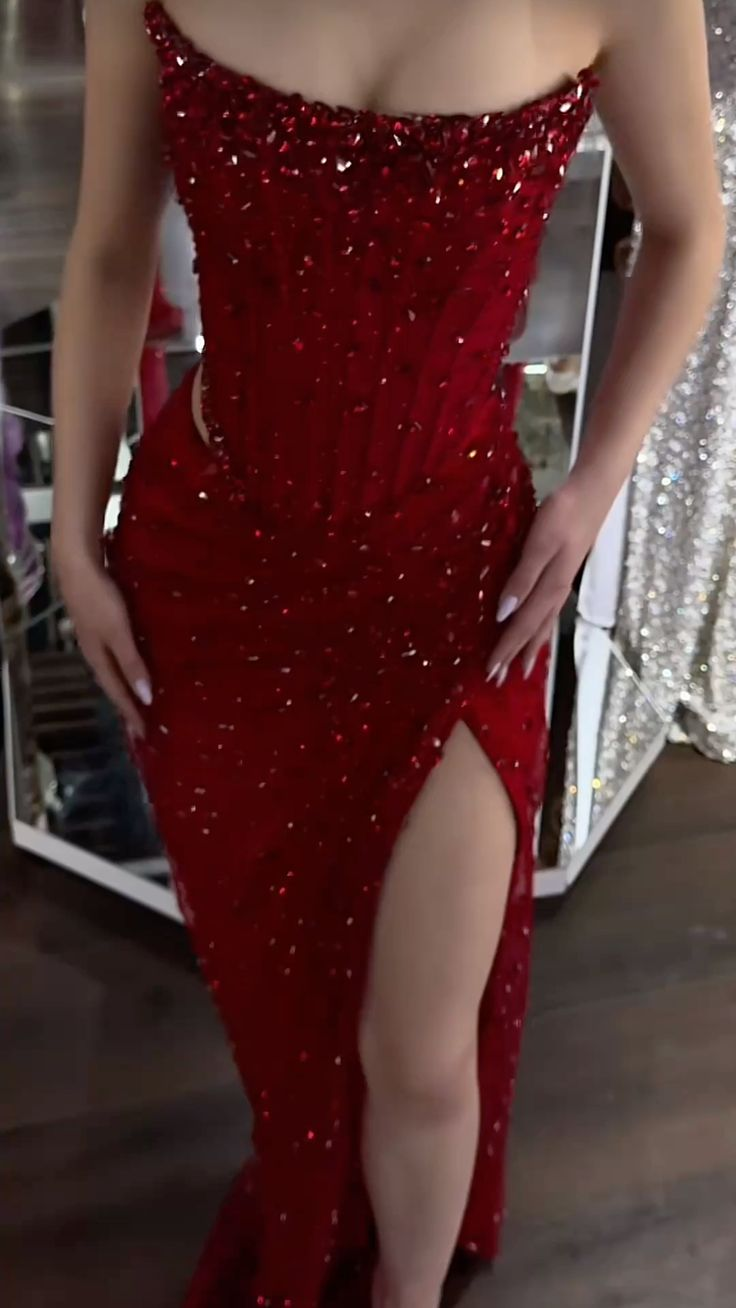 Vintage Burgundy Strapless Sequin Sheath High Slit Long Prom Dress Formal Evening Gown