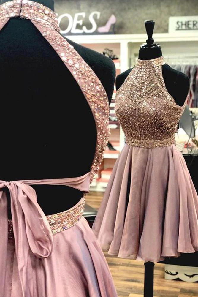 A Line Halter Open Back Chiffon Short Homecoming Dresses with Beading