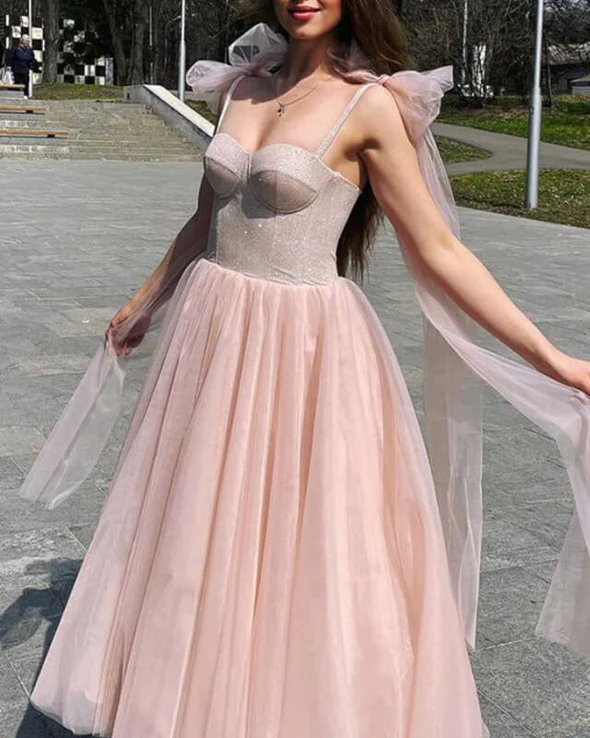 Blush Tulle Ankle Length Dress With Sparkly Corset Tea Length Prom Dress