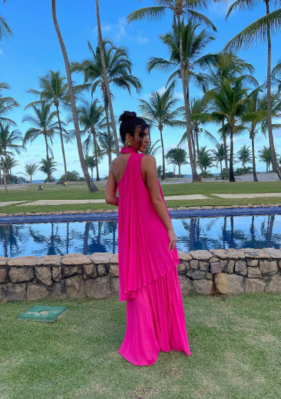 Elegant Long Pleated High Neck Evening Dresses A-Line Chiffon Formal Dress for Women