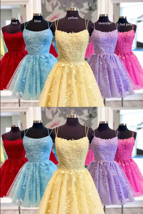 Pretty short A-line yellow homecoming dress with spaghetti straps