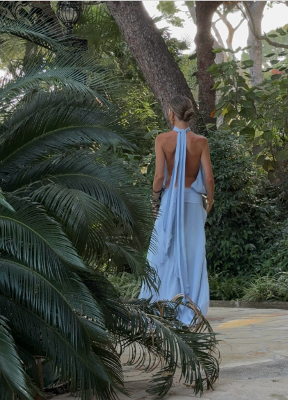 Elegant Blue Loose Halter Neck Tie Backless Chiffon Long Prom Dress Evening Dress