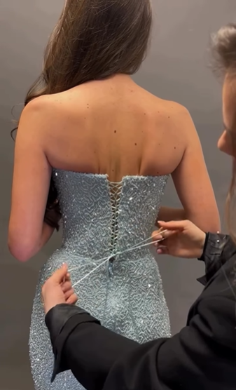 Shimmering Light Blue Mermaid Strapless Sequined Long Prom Dress Evening Dress