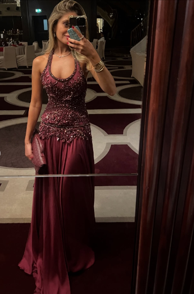 Vintage Burgundy A-line Halter Neck Beaded Chiffon Long Prom Dress Evening Dress