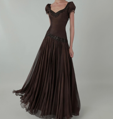 Retro Elegant Dark Brown Fitted V-neck Beaded Chiffon Long Prom Dress Evening Dress