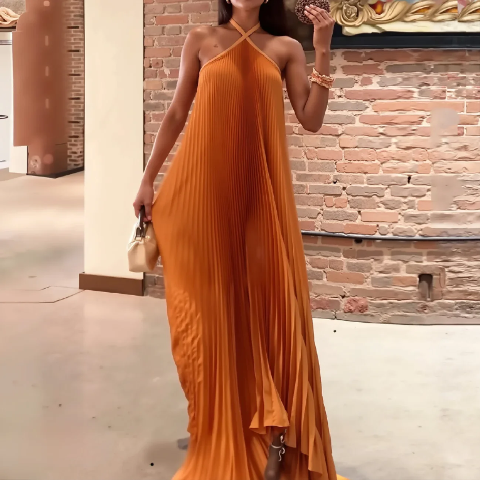 Sexy Halter Pleated Evening Dress Orange Sleeveless Party Prom Dress