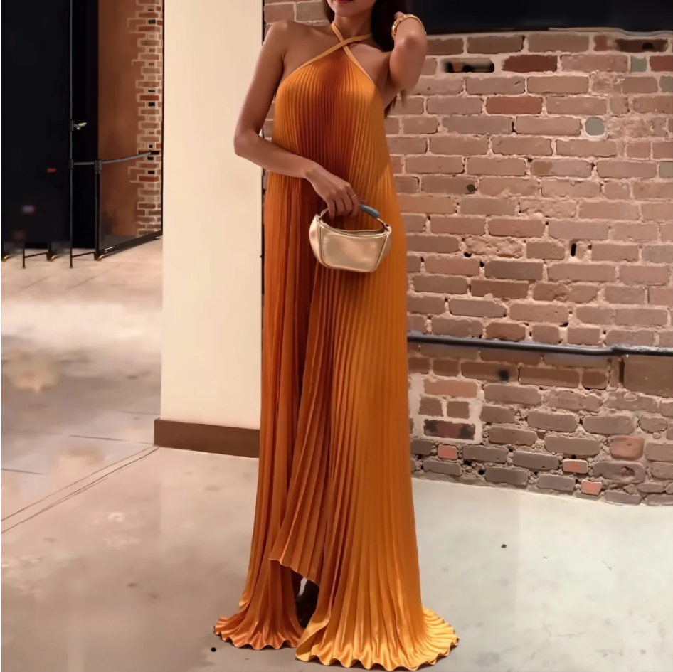 Sexy Halter Pleated Evening Dress Orange Sleeveless Party Prom Dress