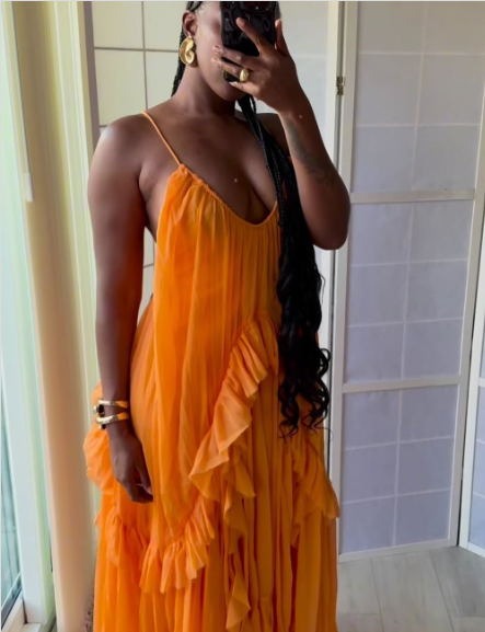 Sexy Orange Chiffon Ruffles Evening Dress Long Prom Party Gown