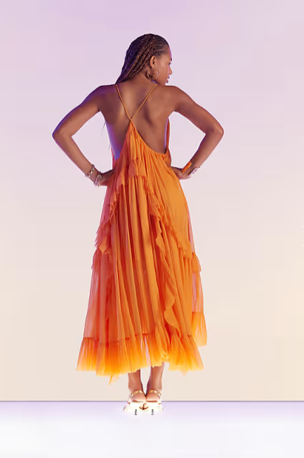Sexy Orange Chiffon Ruffles Evening Dress Long Prom Party Gown