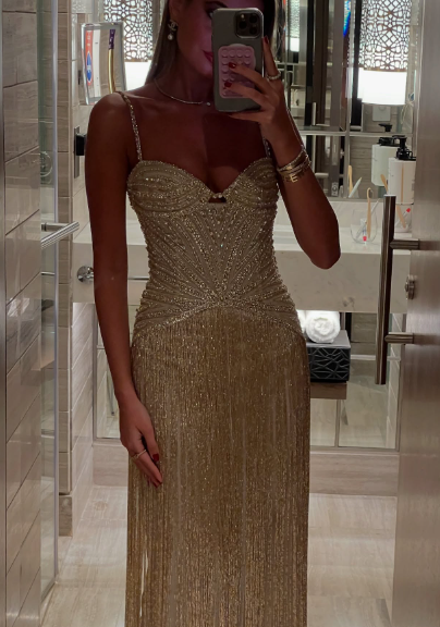 Gorgeous Gold Fitted Spaghetti Strap Sequined Tassel Long Prom Dress Evening Dress