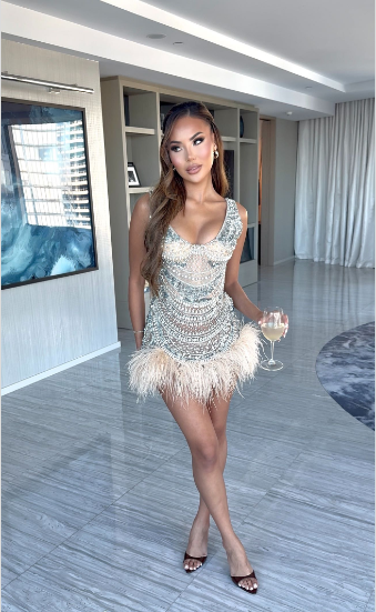 Gorgeous And Sparkling Silver-white Diamond Feather Slim Birthday Party Homecoming Dress