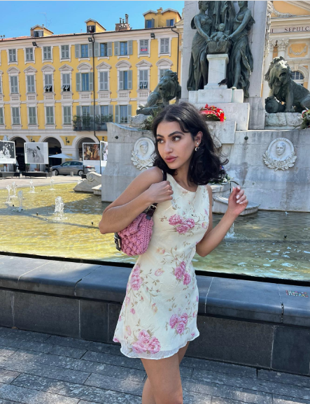 French Retro Ivory Pink Floral Slim Round Neck 19th Birthday Homecoming Dress