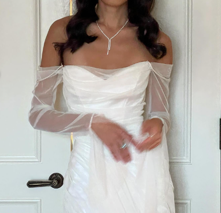 Elegant White Off-the-Shoulder Ruched Tulle Train Wedding Dress