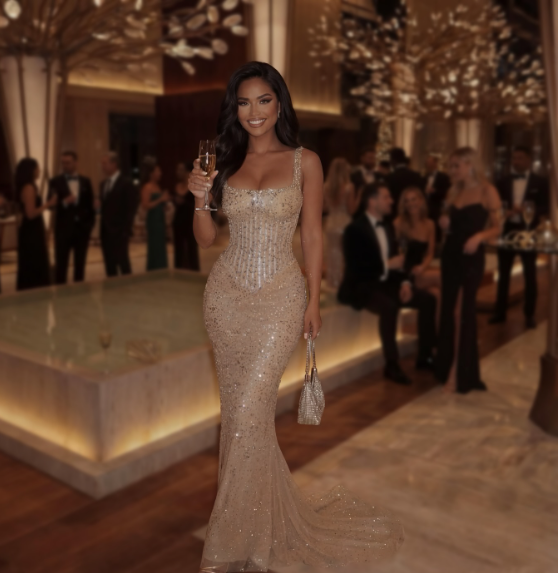 Luxurious Champagne Gold Mermaid Square Neck Sequined Prom Dress Evening Dress