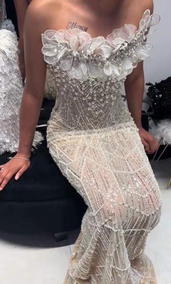 Luxurious Champagne Gold Strapless 3D Floral Beaded Sequin Tulle Train Long Prom Dress Evening Dress