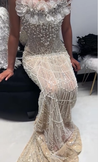 Luxurious Champagne Gold Strapless 3D Floral Beaded Sequin Tulle Train Long Prom Dress Evening Dress