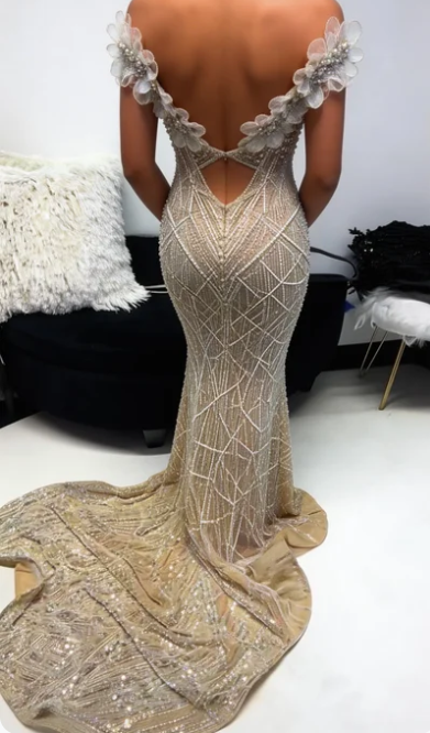 Luxurious Champagne Gold Strapless 3D Floral Beaded Sequin Tulle Train Long Prom Dress Evening Dress