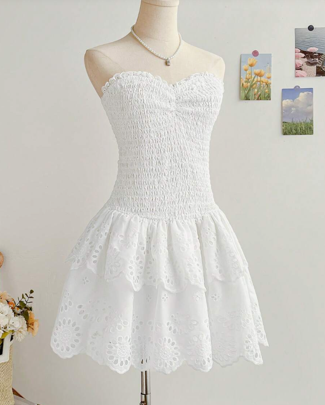 Sweet Heart Neck White Lace Birthday Cake Dress Homecoming Dress