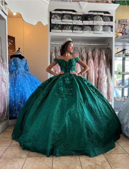 Off The Shoulder Ball Gown Green Sweet 16 Dress