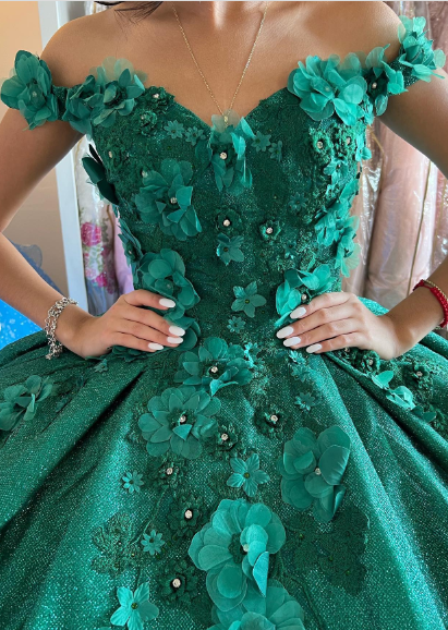 Off The Shoulder Ball Gown Green Sweet 16 Dress