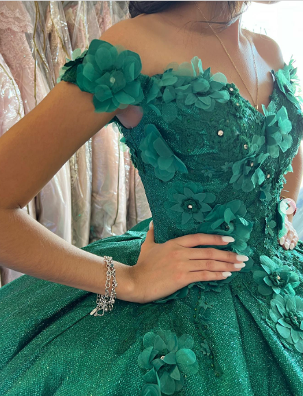 Off The Shoulder Ball Gown Green Sweet 16 Dress