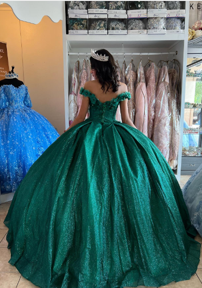 Off The Shoulder Ball Gown Green Sweet 16 Dress