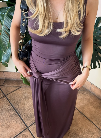 Simple Purple-Gray Spaghetti Strap Twist Satin Long Prom Dress Evening Dress