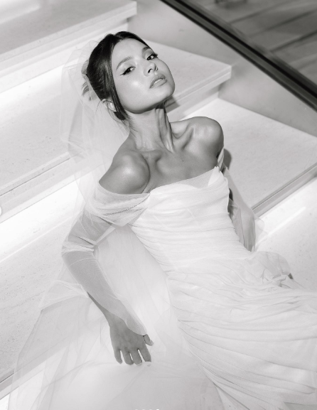 Elegant White Off-the-Shoulder Ruched Tulle Train Wedding Dress