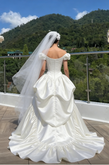 Vintage White Satin Court Train Wedding Dress