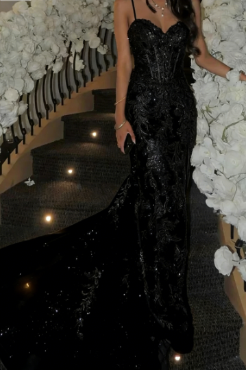 Elegant Champagne Mermaid V-neck Sequin Embroidered Slit Prom Dress Evening Dress