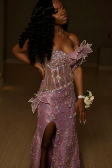 Luxurious Purple Beaded Sequin 3D Flower High Slit Tulle Train Prom Dress Evening Dress