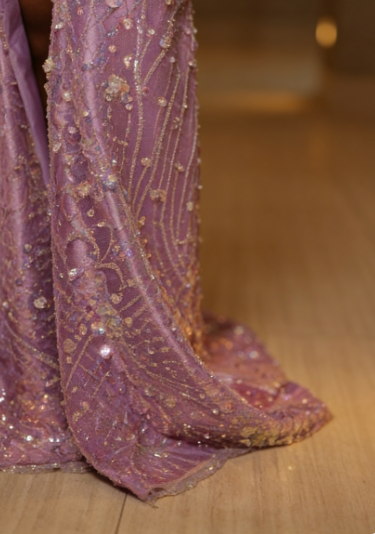 Luxurious Purple Beaded Sequin 3D Flower High Slit Tulle Train Prom Dress Evening Dress