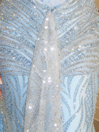Luxurious Sparkling Light Blue Halter Mermaid Beaded Tulle Long Prom Dress Evening Dress