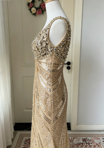 Luxurious Gold V-neck Mermaid Sequined Long Prom Dress Evening Dress
