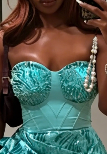 Vintage Lake Blue Strapless Beaded Jacquard Satin Long Prom Dress Evening Dress