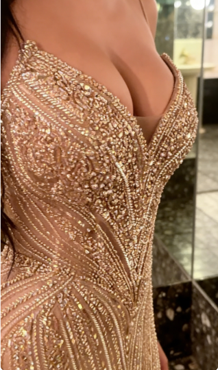 Luxurious Sparkling Champagne V-Neck Beaded Sequin Mermaid Tulle Train Prom Dress Evening Dress