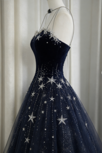 Dreamy Starry Night Navy Blue Star Beaded Tulle Long Prom Dress Evening Dress