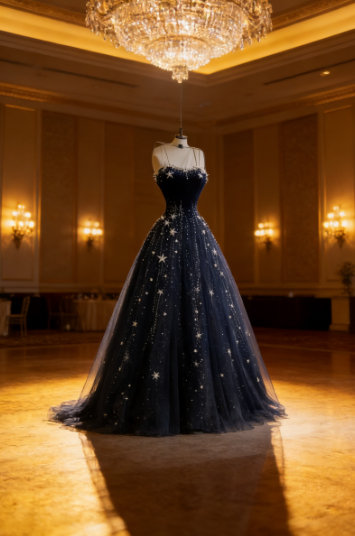 Dreamy Starry Night Navy Blue Star Beaded Tulle Long Prom Dress Evening Dress