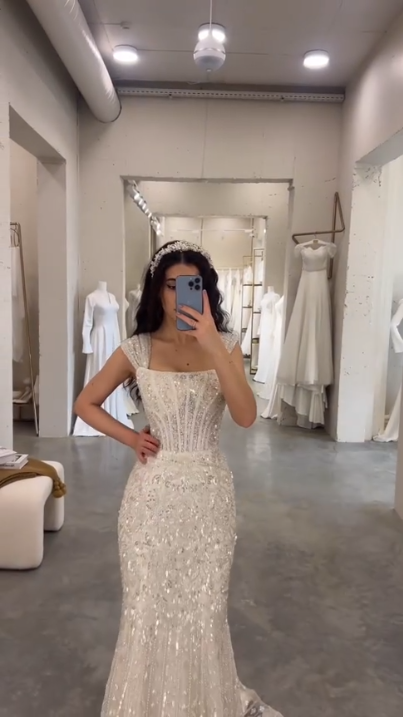 Elegant White Mermaid Square Neck Sequin Tulle Train Long Prom Dress Evening Dress
