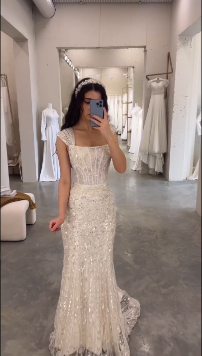 Elegant White Mermaid Square Neck Sequin Tulle Train Long Prom Dress Evening Dress