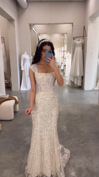 Elegant White Mermaid Square Neck Sequin Tulle Train Long Prom Dress Evening Dress