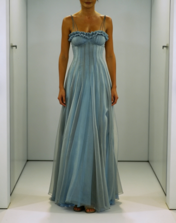 Vintage Blue Tulle A Line Party Gown,Spaghetti Straps Prom Evening Dress