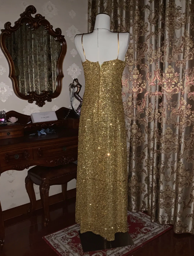 Glitter V Neck Sequin Beaded Gold Mermaid Party Dress Long Evening Dress