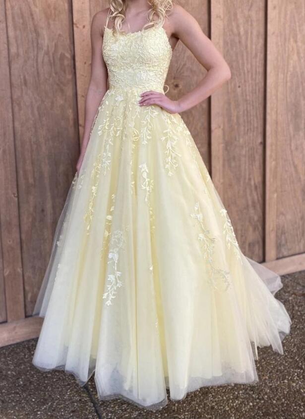 Sweet Yellow A-line Tube Top Embroidered Tulle Long Prom Dress Evening Dress