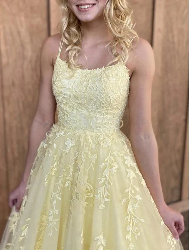 Sweet Yellow A-line Tube Top Embroidered Tulle Long Prom Dress Evening Dress