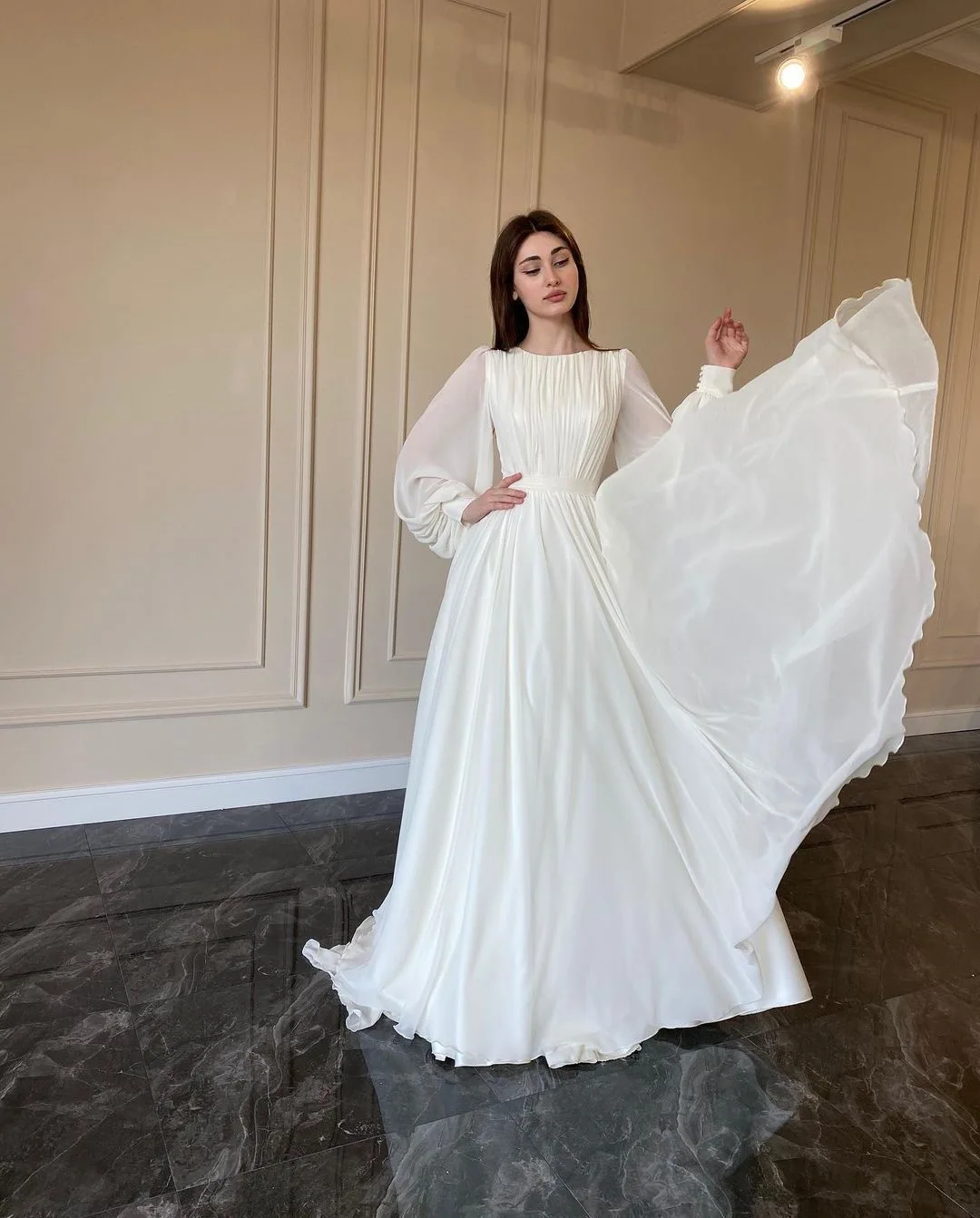 Women Elegant Pleated Lantern Sleeve Round Neck Maxi Dress Fashion Long Sleeve Party Evening Dress