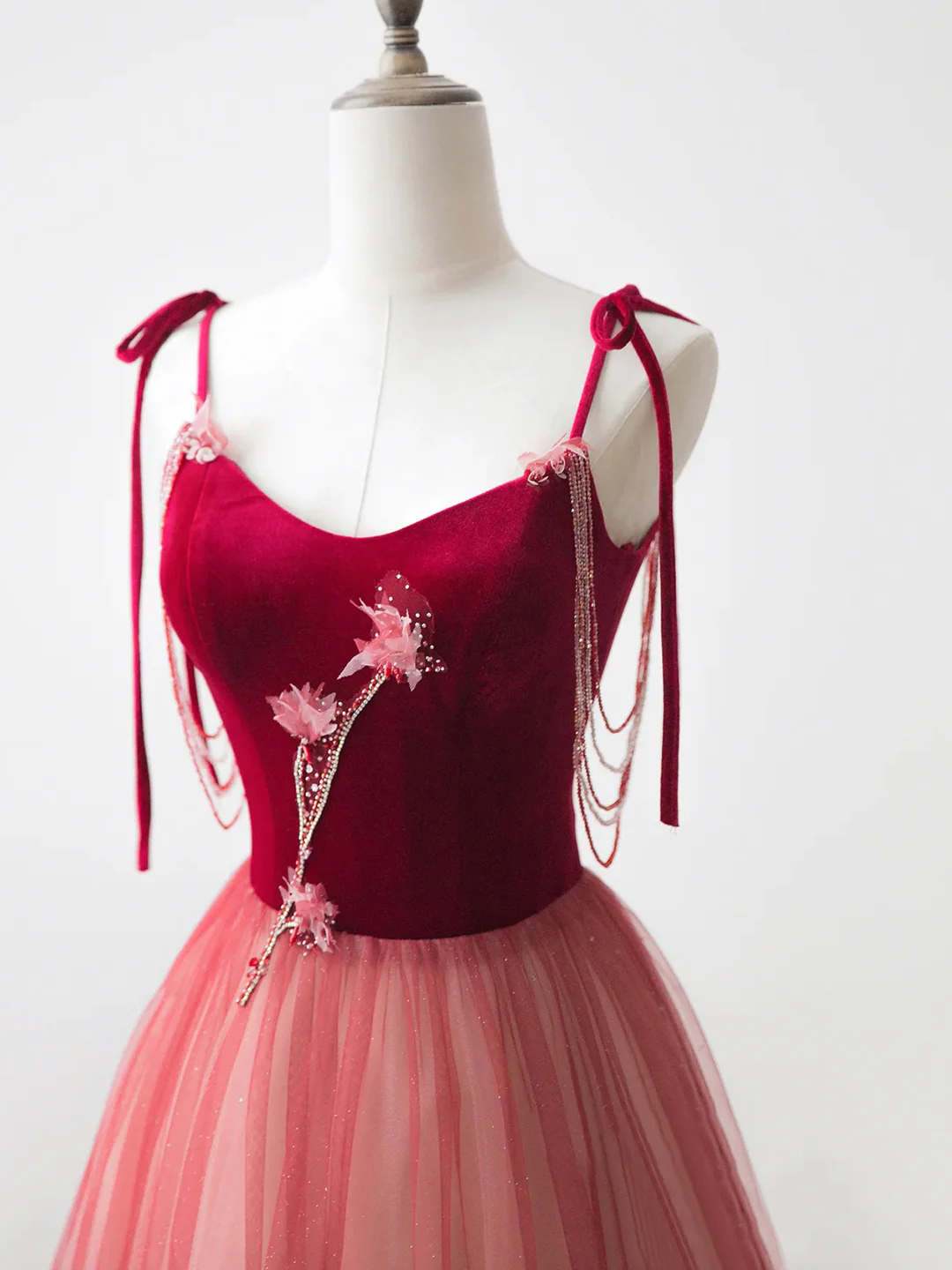 Burgundy Velvet Tulle Long Prom Dress, Beautiful A-Line Spaghetti Strap Evening Party Dress
