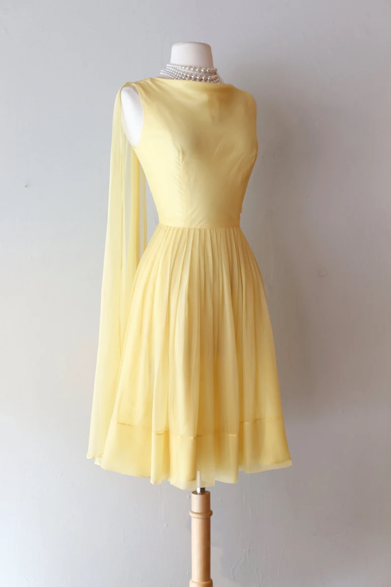 Chiffon Party Dress Vintage 60s Pale Yellow Cocktail Dress With Trailing Shoulder Sash