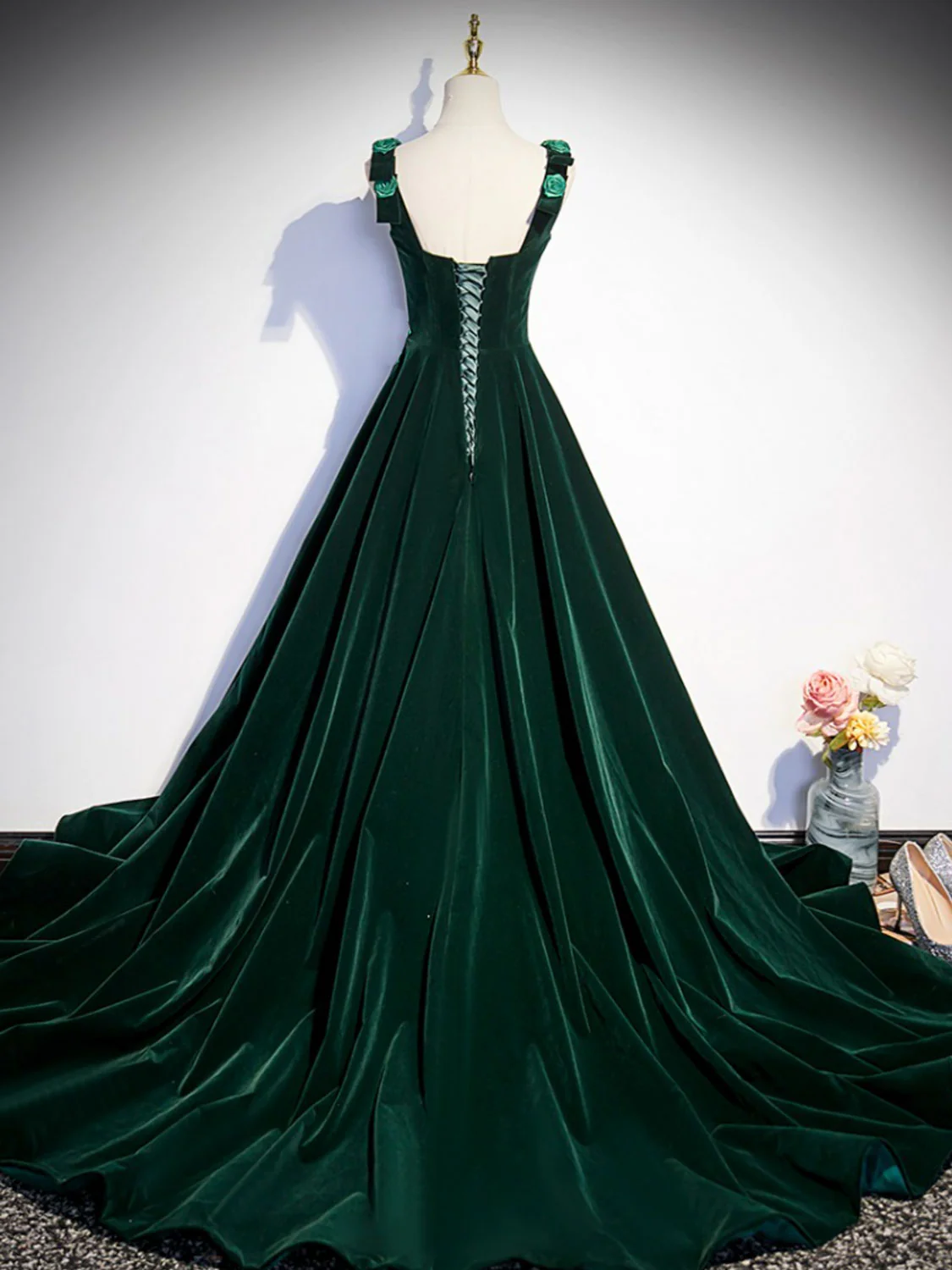 Prom Dresses,a-line Velvet Green Long Prom Dresses, Green Formal Evening Dresses